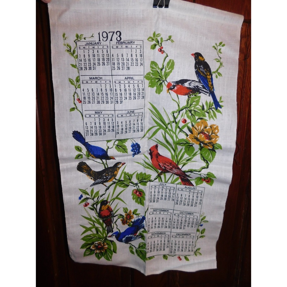 Vintage Stevens Linen Tea Towel Calender 1973 Feathered Friends With Box